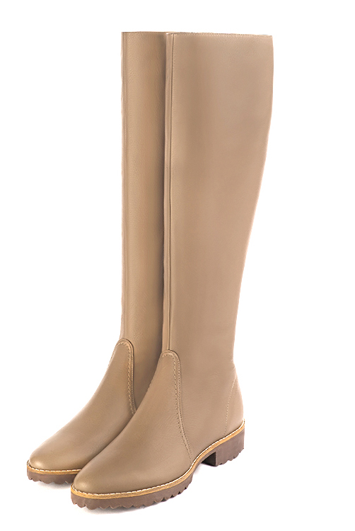 Tan beige women's riding knee-high boots. Round toe. Flat rubber soles. Made to measure. Front view - Florence KOOIJMAN